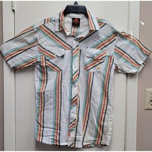 Panyc Button Up Short Sleeve Multicolor White Stripe Men's Shirt Size L‎ 14/16